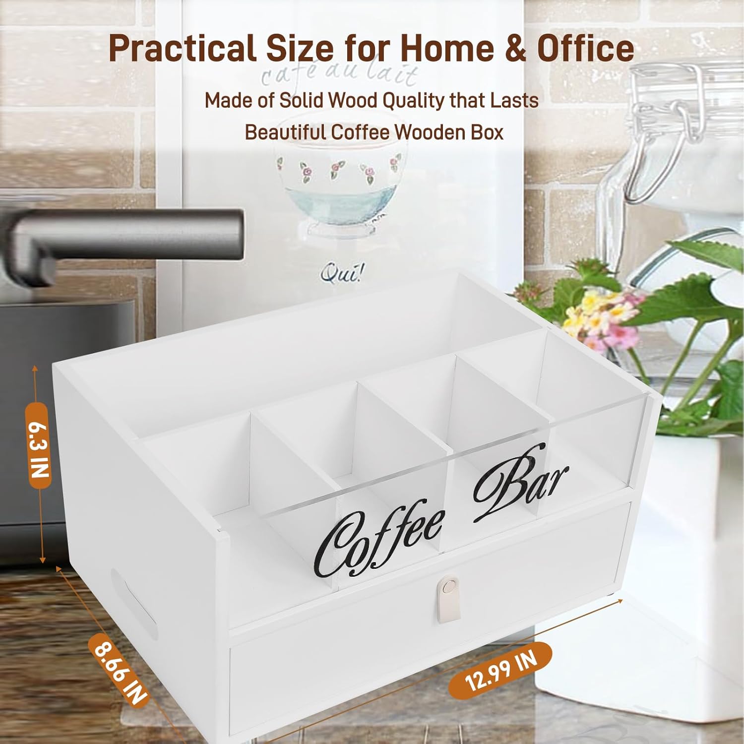 2-Tier Coffee Bar Organizer with Clear Acrylic Top, Built-in Drawer and Leather Handle Pull for Countertop, Stylish Coffee Station Storage Box for Accessories, Pods, Great Gifts for Home