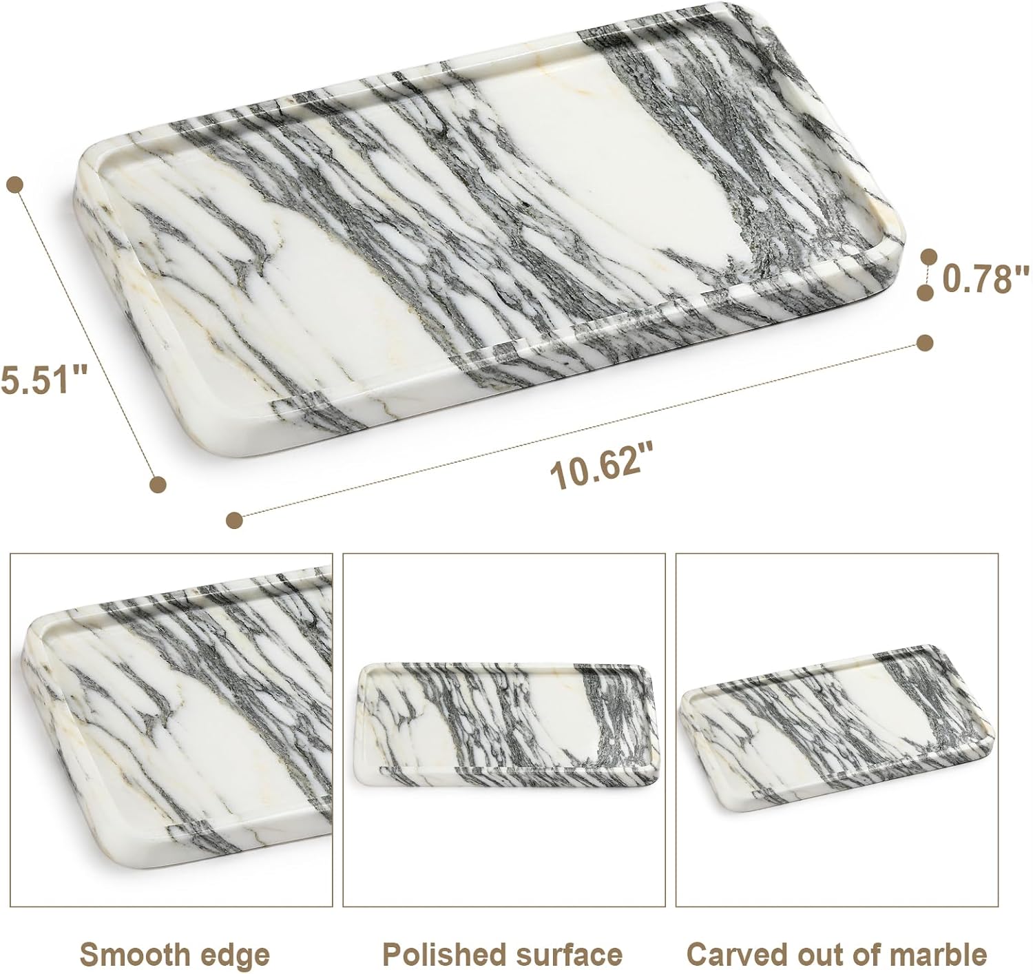 Natural Marble Vanity Tray - Moujings Genuine Marble Perfume Tray for Bathroom Decor, Stone Bathroom Vanity Organizer Tray for Kitchen Counter, Candles, Jewelry, Coffee, Makeup, Key