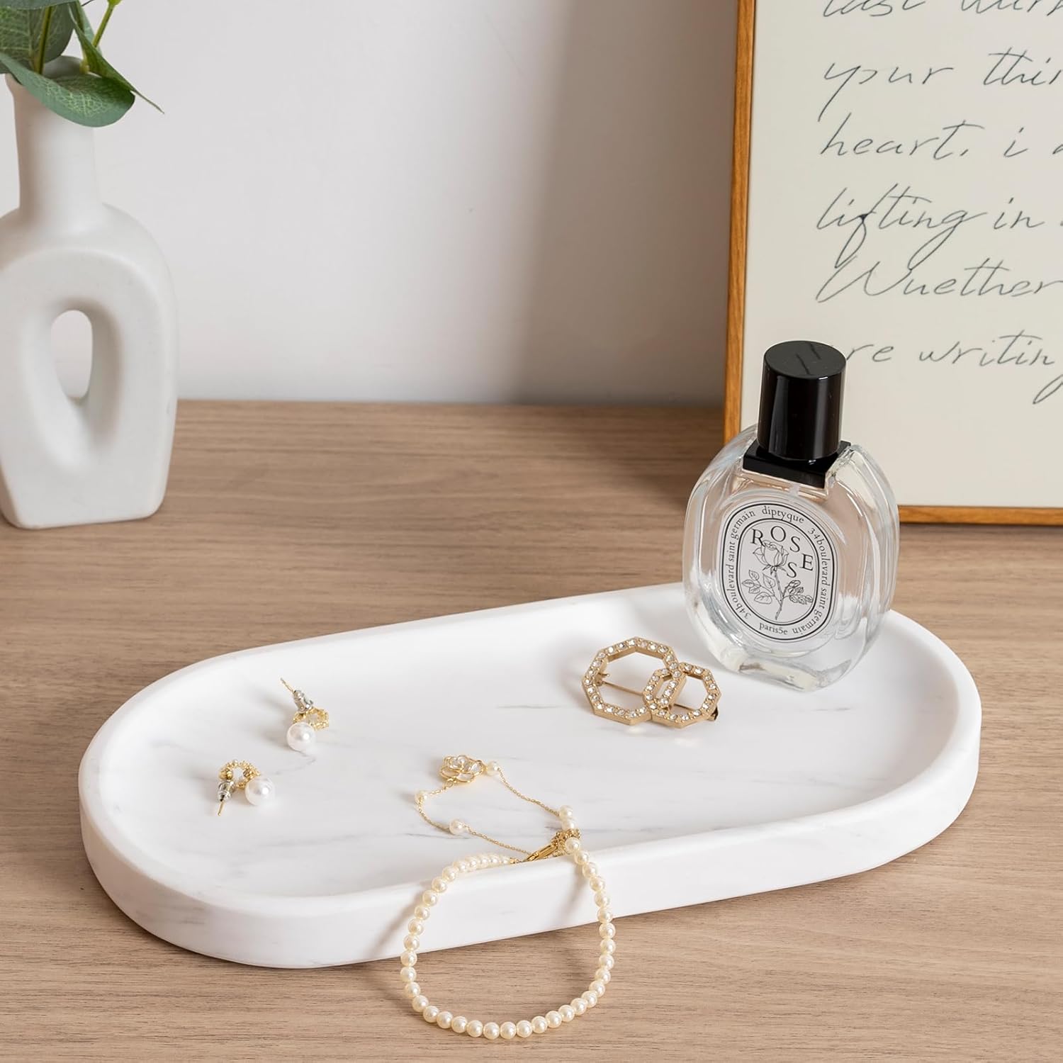 Koville White Marble Oval Tray for Bathroom Countertop, 10" x 5" Natural Marble Vanity Trays, Stone Perfume Organizer Tray for Decor, Jewelry Dish Perfume Trays for Dresser