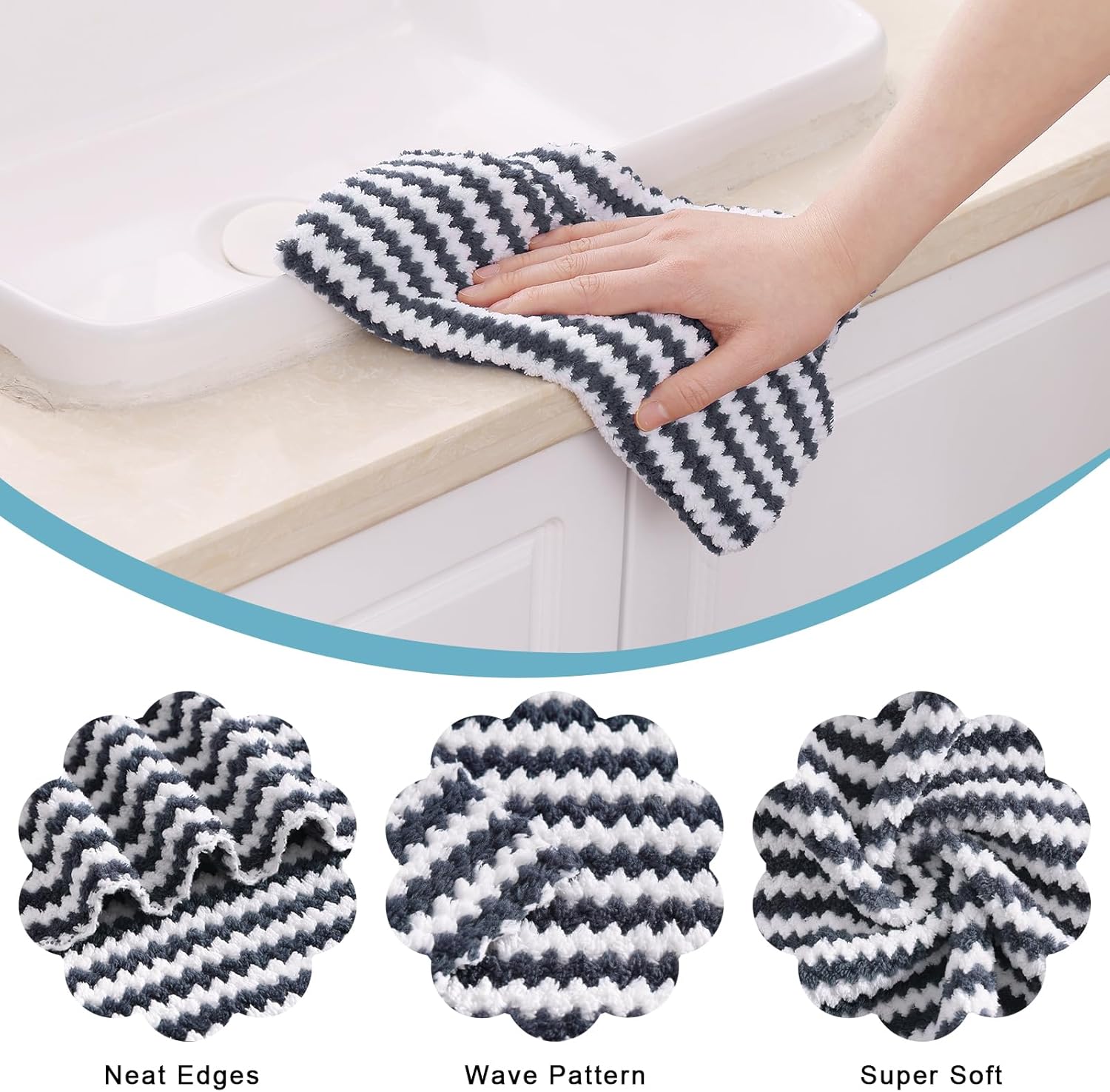 Homaxy Kitchen Towels(12 Pack, 10 x 20 inches), Ultra Soft and Absorbent Dish Towels, Reusable Fast Drying Microfiber Cleaning Cloth, Coral Velvet Wave Design No-lint, Dark Grey