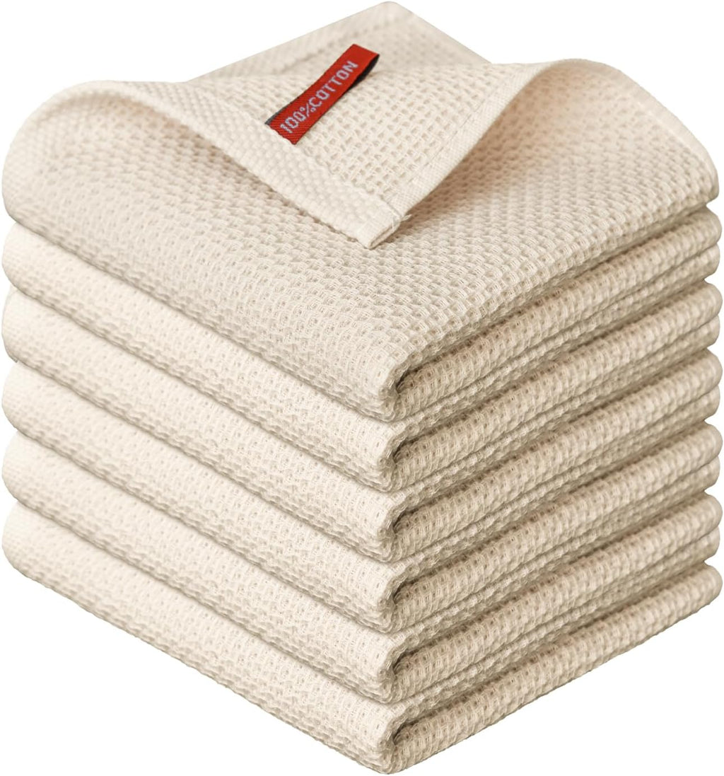 Artoid Mode 100% Cotton Beige Waffle Weave Kitchen Dish Cloths, 12x12 Inch Ultra Soft Absorbent Quick Drying Kitchen Dish Towels Set of 6