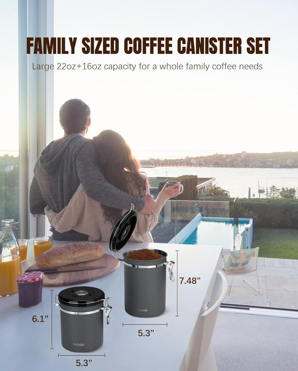 HAIOOU Airtight Coffee Canister, 22OZ +16OZ 2 Piece Stainless Steel Coffee Bean Storage Container with Date Tracker, Measuring Scoop, 6Pcs CO2 Valves, Mini Tongs for Coffee Bean, Grounds - Grey