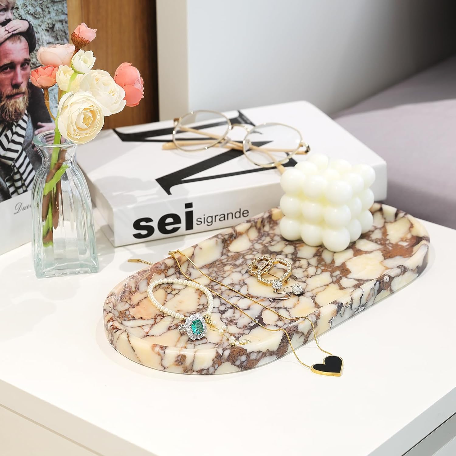 Koville Natural Decorative Marble Bathroom Tray, 12"x6" Calacatta Viola Marble Catchall Tray for Bathroom, Stone Perfume Trays Jewelry Dish for Dresser, Stone Storage Trays for Home Decor