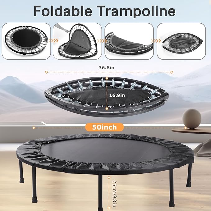 Rebounder Trampoline for Adults, 40"/50" Foldable Spring Fitness Trampoline - 450 lbs Capacity, Quiet & Stable Indoor/Outdoor Exercise Equipment for Cardio Workout
