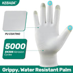 Kebada W1 Work Gloves for Men and Women, PU Coated Safety Gloves with Grip, Touchscreen, Ideal for Warehouse Package Handling, Construction, Gardening, White X-Large