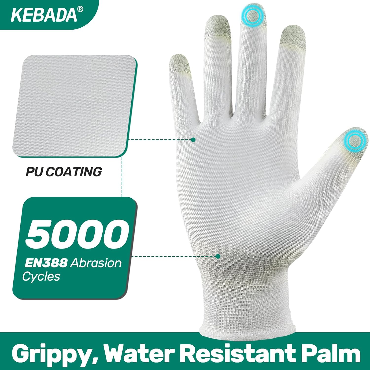 Kebada W1 Work Gloves for Men and Women, PU Coated Safety Gloves with Grip, Touchscreen, Ideal for Warehouse Package Handling, Construction, Gardening, White X-Large