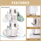 Rotated Coffee Mug Holder Tree with 360 Degree Turn, Rustic Wood Mug Tree Stand with 8 Hooks, Farmhouse Coffee Cup Holder for Counter, Mug Hanger for Kitchen Organizer, Farmhouse White