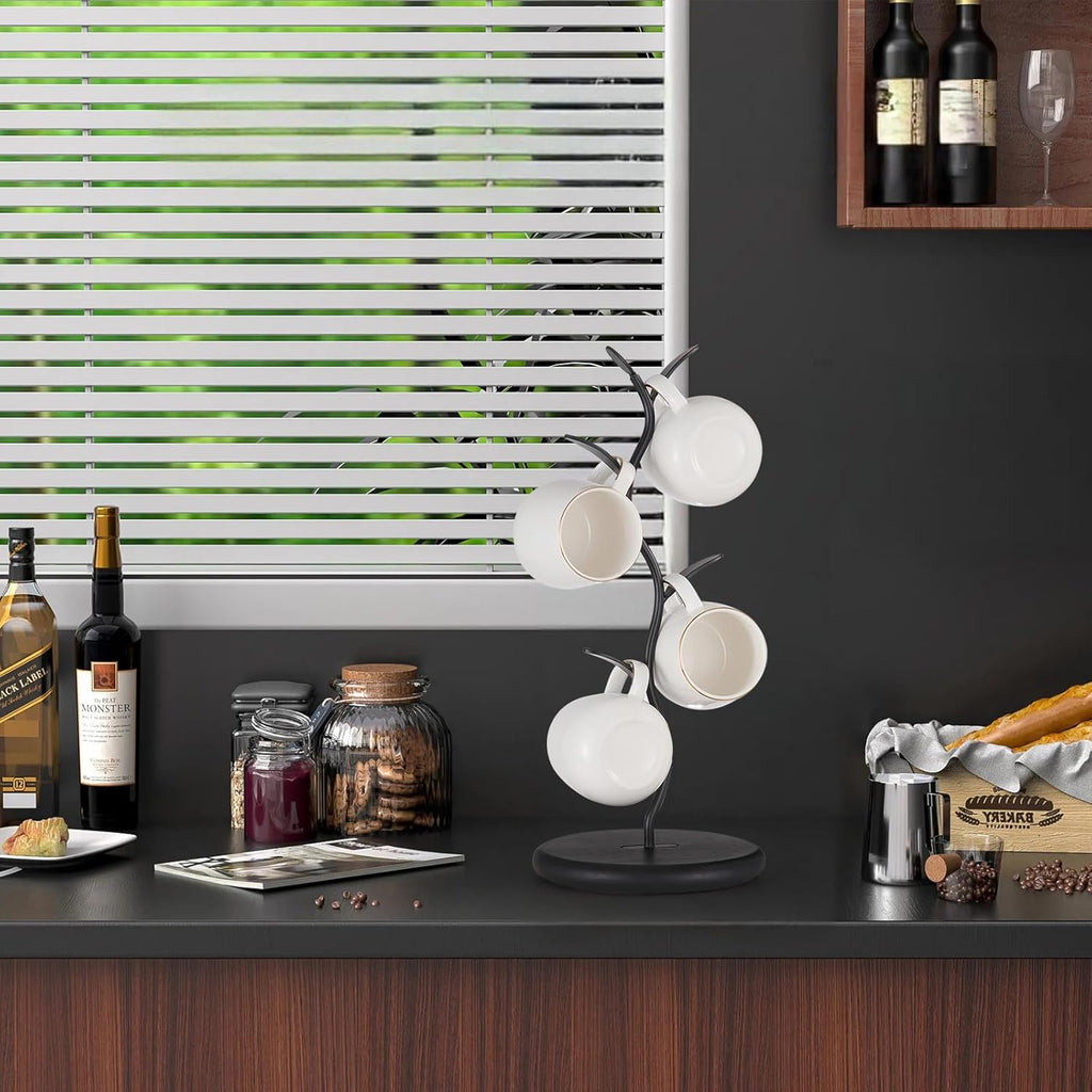 Mug Holder, Countertop Mug Tree, Coffee Mugs & Tea Cup Storage Rack, Coffee Counter Bar Accessory & Kitchen Organizer (Midnight Black)