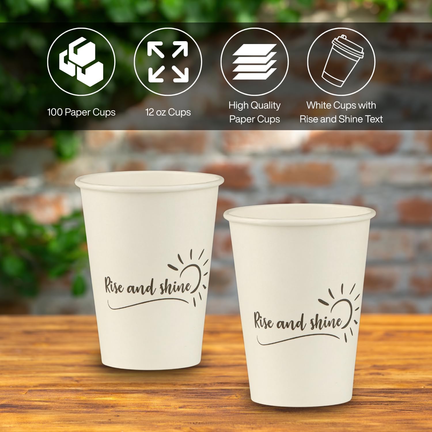 Smygoods Disposable Coffee Cups, To Go Paper Hot Cups, Rise and Shine Design (12 OZ, 100 Count) For Hot Beverages, Coffee, Tea, Espresso, Cocoa - Vasos Para Cafe