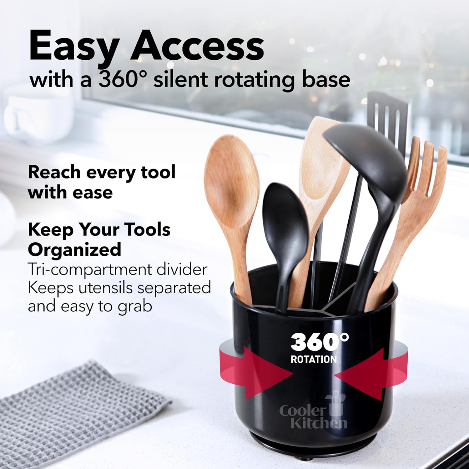 Extra Large Sturdy Rotating Black Utensil Holder Caddy with No-Tip Weighted Base, and Gripped Insert - Rust Proof and Dishwasher Safe Kitchen Utensils Holder