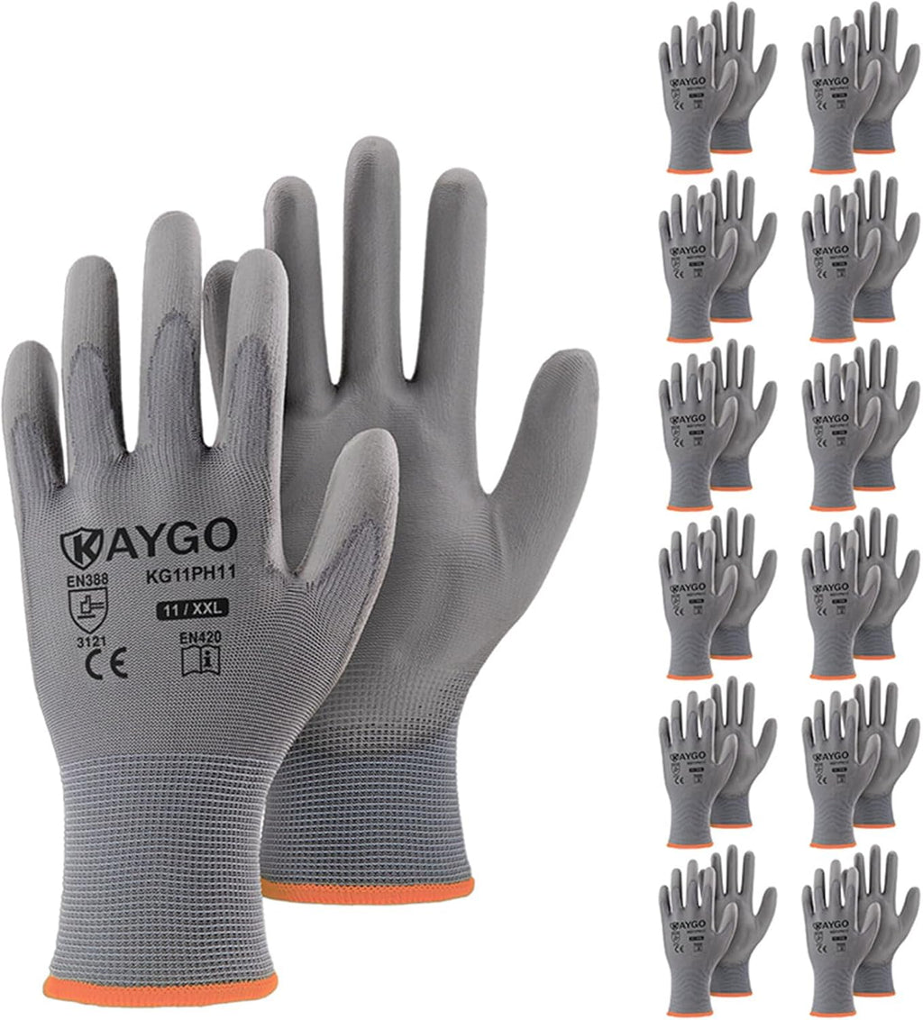 KAYGO Safety Work Gloves PU Coated-12 Pairs, KG11PB, Seamless Knit Glove with Polyurethane Coated Smooth Grip on Palm & Fingers, for Men and Women (2X-Large, Grey)