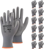 KAYGO Safety Work Gloves PU Coated-12 Pairs, KG11PB, Seamless Knit Glove with Polyurethane Coated Smooth Grip on Palm & Fingers, for Men and Women (2X-Large, Grey)