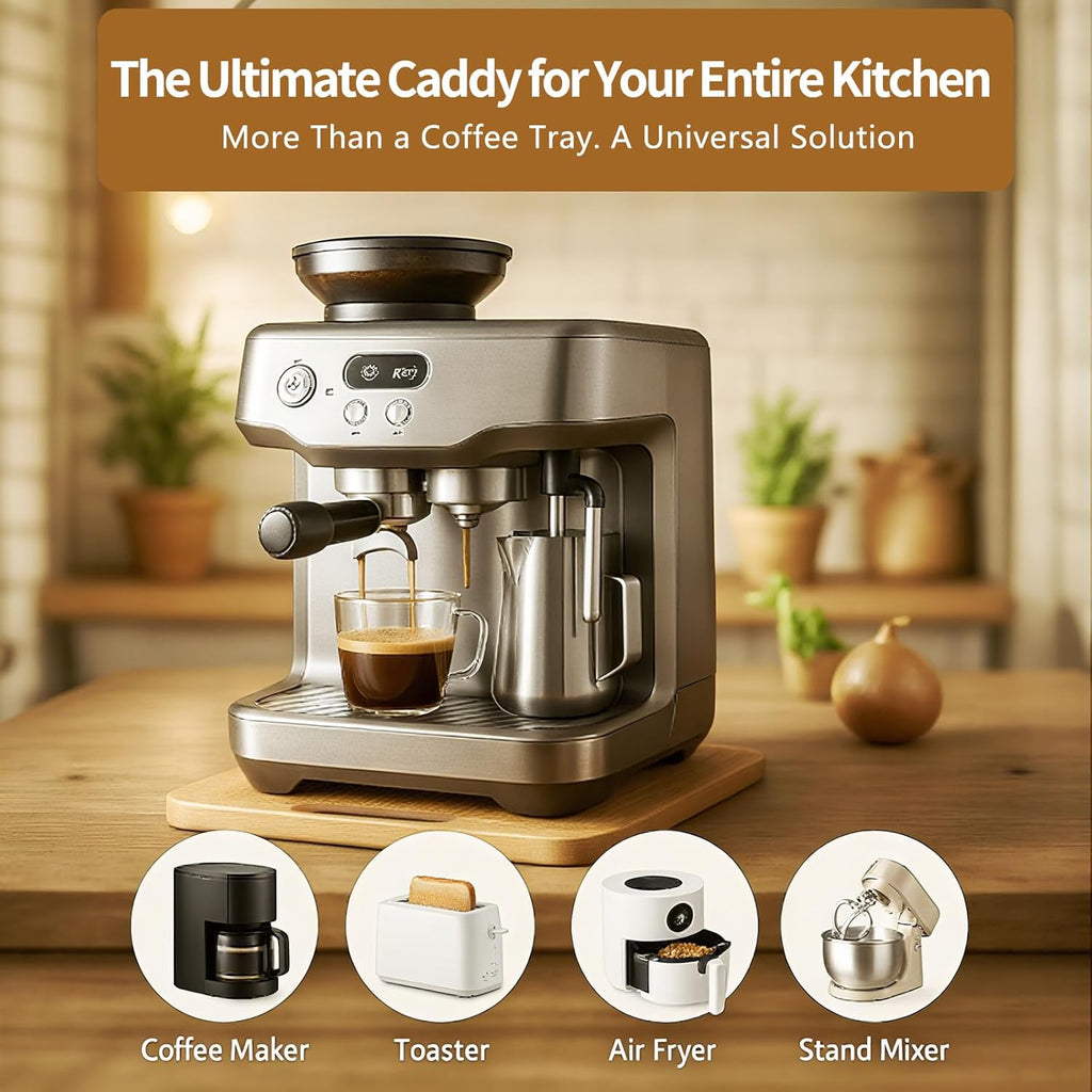 Sliding Tray for Coffee Maker, Appliance Slider Bamboo with Rubber Wheels for Heavy Kitchen Appliances, Coffee Pot Slider Tray for Countertop(14"D x 9.5"W)