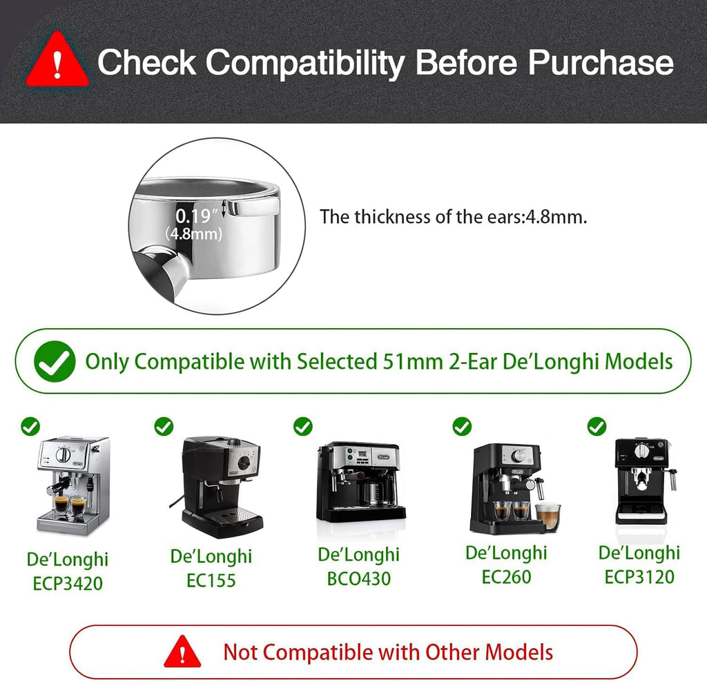 51mm Bottomless Portafilter Compatible for Delonghi ECP3420/ECP3120/EC155/BCO430/EC260, 2 Ears, with Stainless Steel Double Shot Capacity Cup Filter Basket