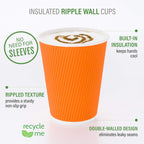 Restaurantware 16 Ounce Ripple Wall Disposable Coffee Cups, 500 Insulated Orange Paper Tumblers, Rolled Rim Design, Lids Sold Separately for Hot Drinks like Tea, Hot Chocolate and More