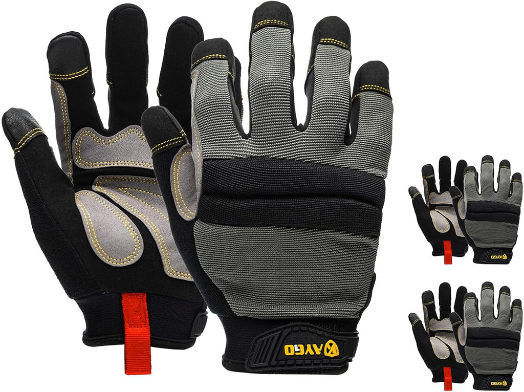 KAYGO Work Gloves For Men, KG125M Mechanic Utility Work Gloves for All Purpose, Excellent Grip, Heavy Duty, Improved Dexterity, Touch Screen, 2X-Large, 3 pairs, Grey