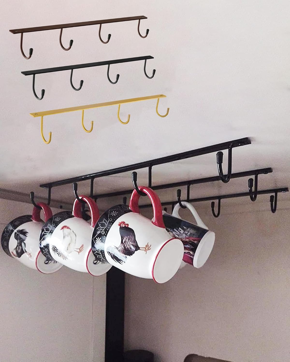 Mug Hanger Under Cabinet 3 Pcs Iron Mug Rack Wall Mounted Coffee Cup Rack Storage Organizer for Kitchen Dining Bar - Gold