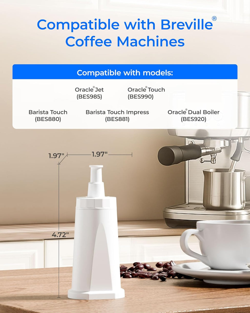 Replacement Water Filter for Breville® Barista Touch Espresso Machine Water Filter BES880 BES881, Breville® Water Filter Oracle® Jet BES985, Oracle® Touch BES990, Waterdrop, #BES008WHT0NUC1, 8 Packs
