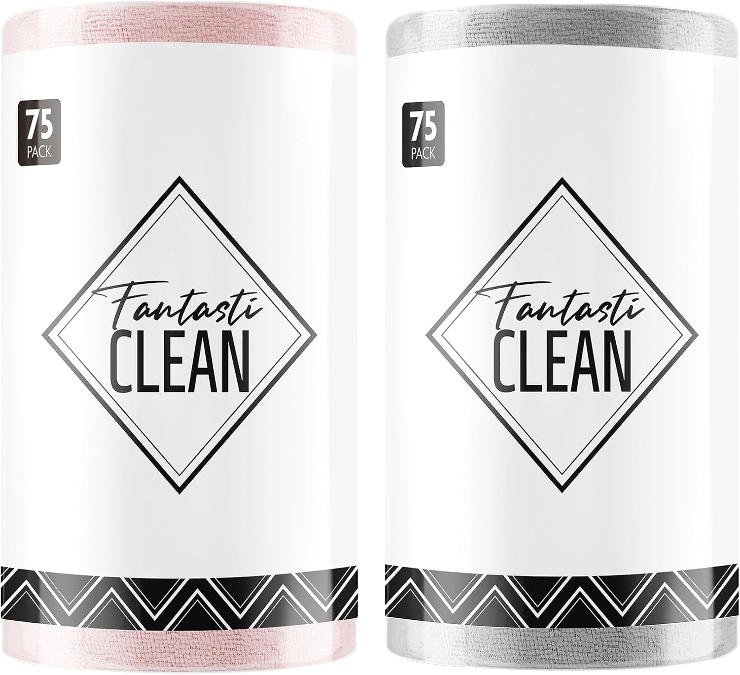 Fantasticlean Microfiber Cleaning Cloth Roll -150 Pack, Tear Away Microfiber Towels, 12" x 12", Reusable, Washable, Ultra Absorbent Dishcloth for Home Supplies, Car, Pet, Kitchen (Pink & Grey)