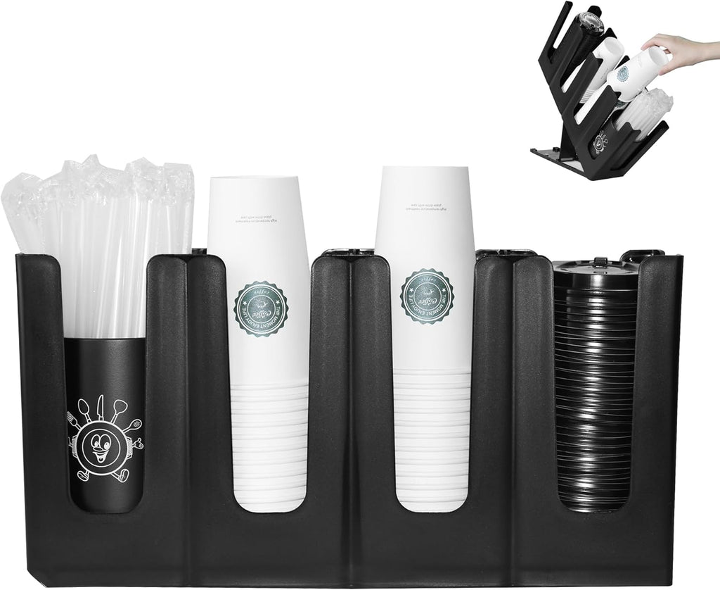 Cup Holder Lid Dispenser with Straw Organizer,Disposable Coffee Cup Dispenser,Cup Storage Organizer for Breakroom Countertop Coffee Station Bar Restaurant