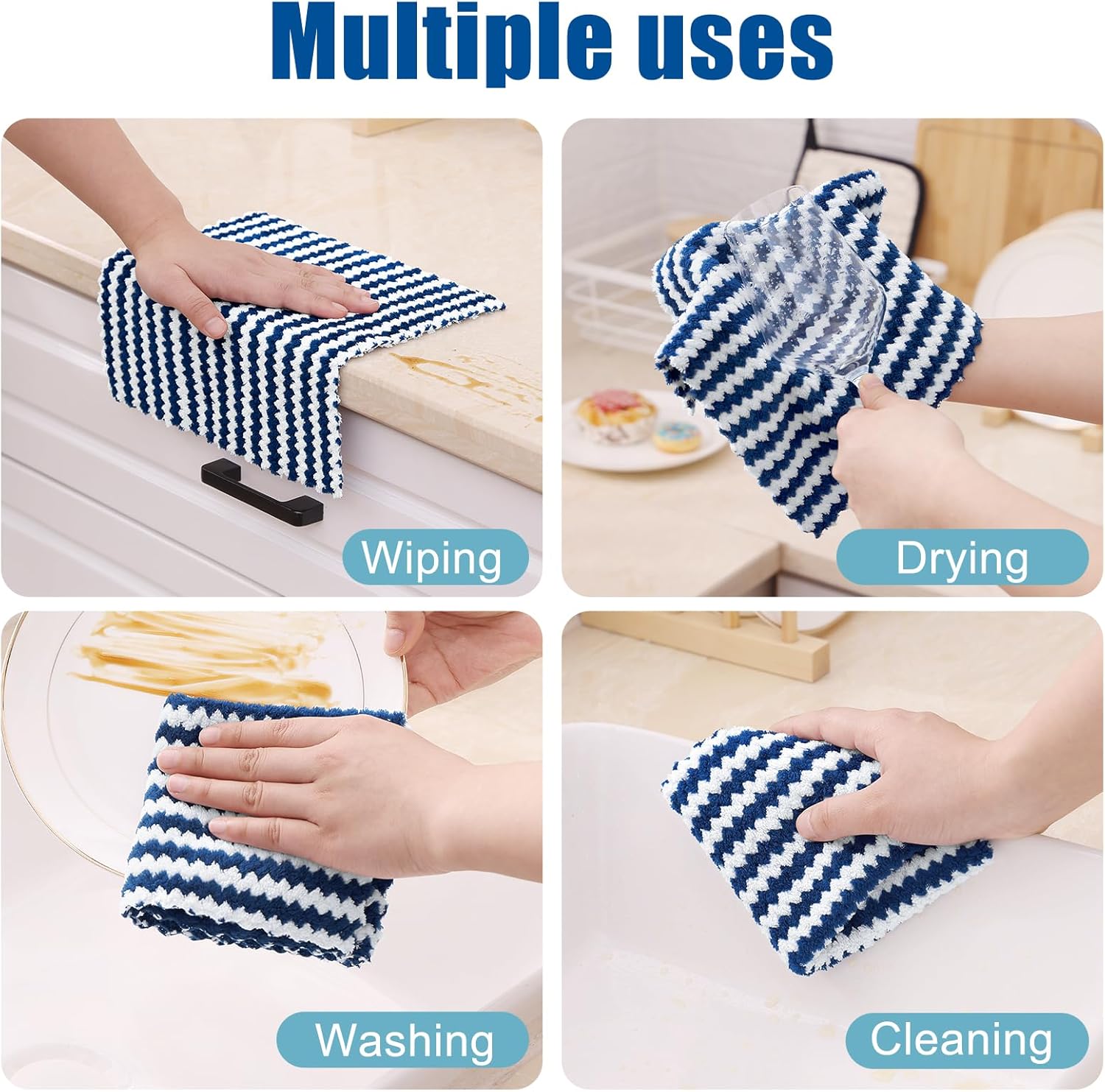 Homaxy 12 Pack Kitchen Dish Cloths, Ultra Soft and Absorbent Dish Towels, Reusable Fast Drying Microfiber Cleaning Cloth, Coral Velvet Wave Design No-lint, 10 x 10 inches, Navy Blue