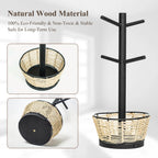 Wood Mug Holder Tree With Woven Basket, 4 Hooks Coffee Mug Holder, Countertop Mug Tree For Kitchen Counter Cabinet Coffee Bar Accessories Cup Display Organizer Hanger(Black)