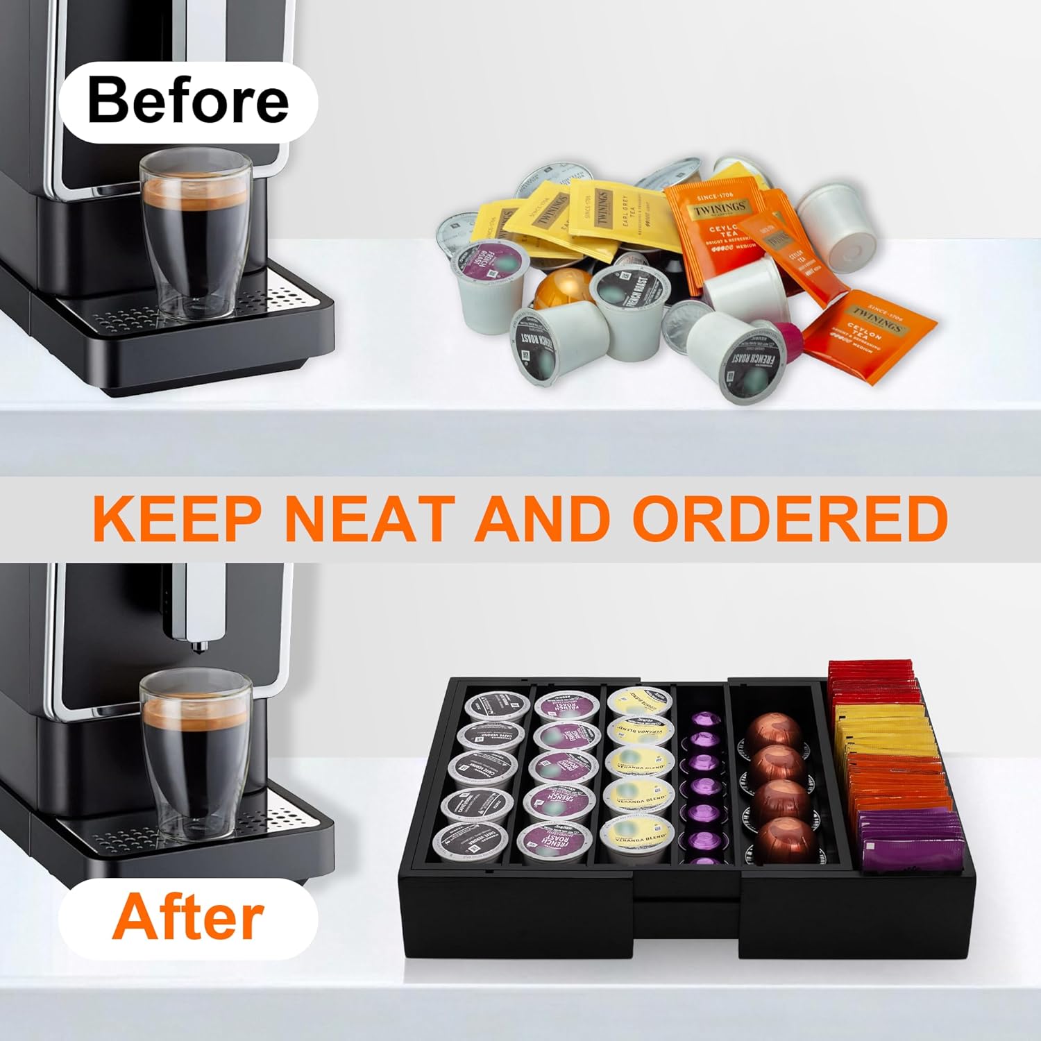MinBoo Bamboo Drawer Organizer - Expandable K Cup & Pods Holder, Coffee Pod Storage, Tea Organizer, Versatile Kitchen Accessory Organization and Storage，Black