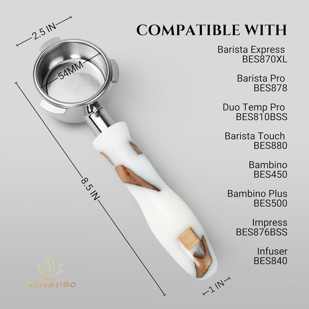 54mm Bottomless Portafilter Modern Handle – Includes Stainless Steel Naked Basket – Fits Breville Barista Express & 54mm Breville Espresso Machines - Espresso Machine Accessories – White