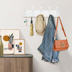 Coat Rack Wall Mount Coat Hooks Wooden Hat Rack for Wall Hooks Pine Real Wood Plank 16.9" White Coat Hanger with 5 White Triple Hooks for Hanging Coat Hat Jacket