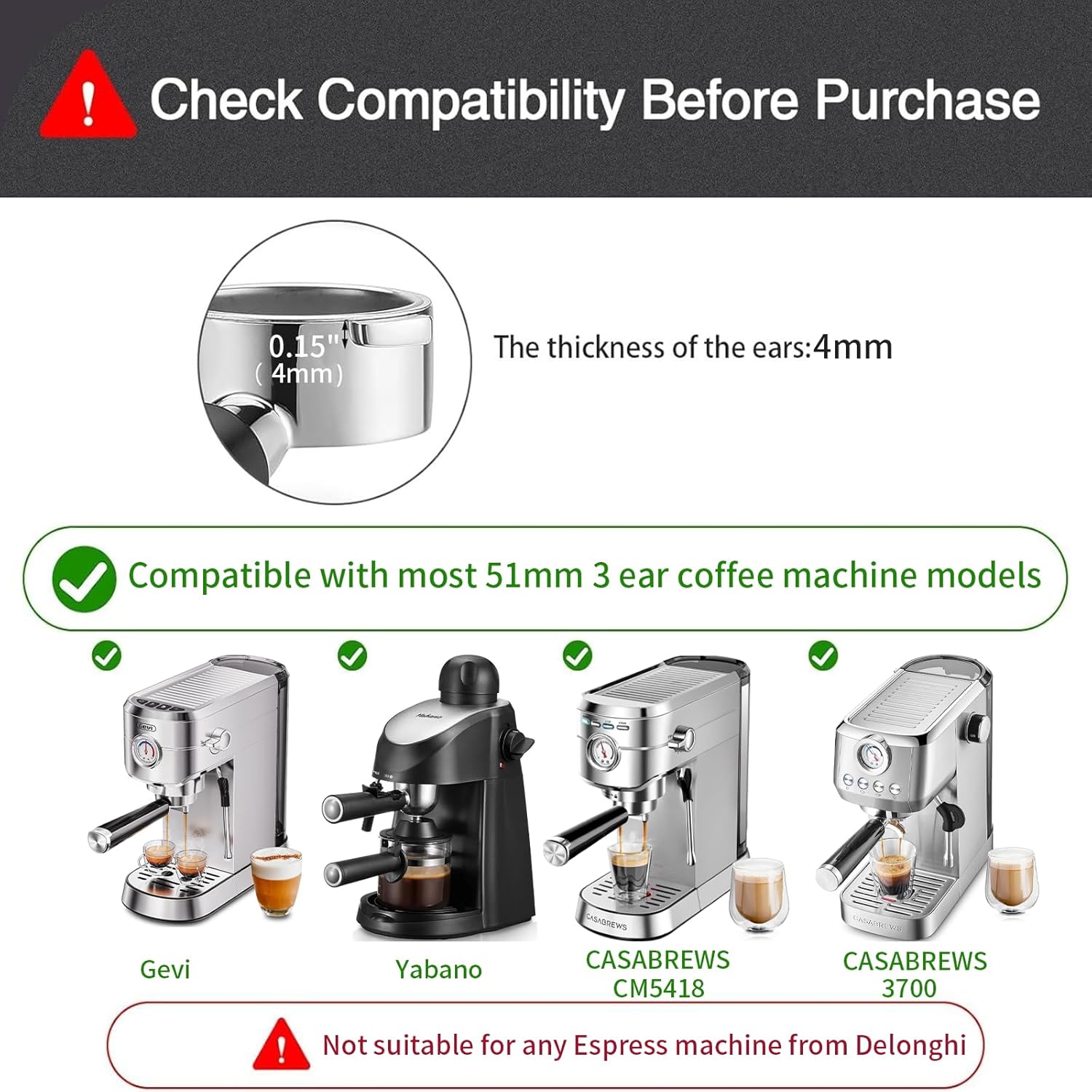 51mm Bottomless Portafilter Compatible for CASABREWS Espresso Machine CM5418, 3700 Series, Mr. Coffee Espresso and Cappuccino Machine, with Stainless Steel Double Shot Capacity Cup Filter Basket