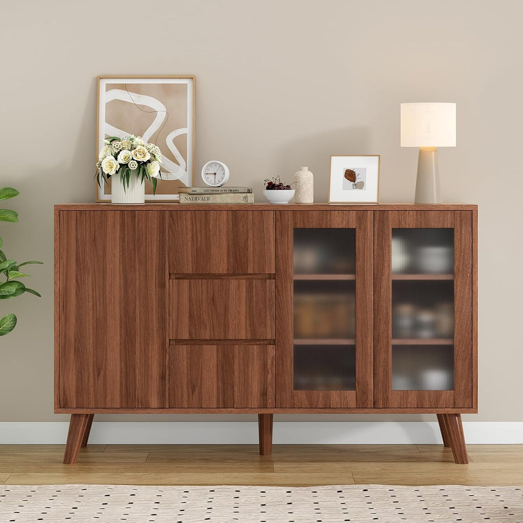 Soohow Farmhouse Buffet Cabinet, 55.5" Coffee Bar with 3 Drawers and Pop-Up Doors, Large Rustic Sideboard for Dining Room, Kitchen, Hallway, and Living Room