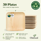 Chic Leaf Disposable Palm Leaf Plates - 50 Count, 8" Square, Natural - Bamboo Plates Disposable, Biodegradable & Compostable - Microwave Safe & Heavy Duty - Event & Party Supplies - Wedding Decor