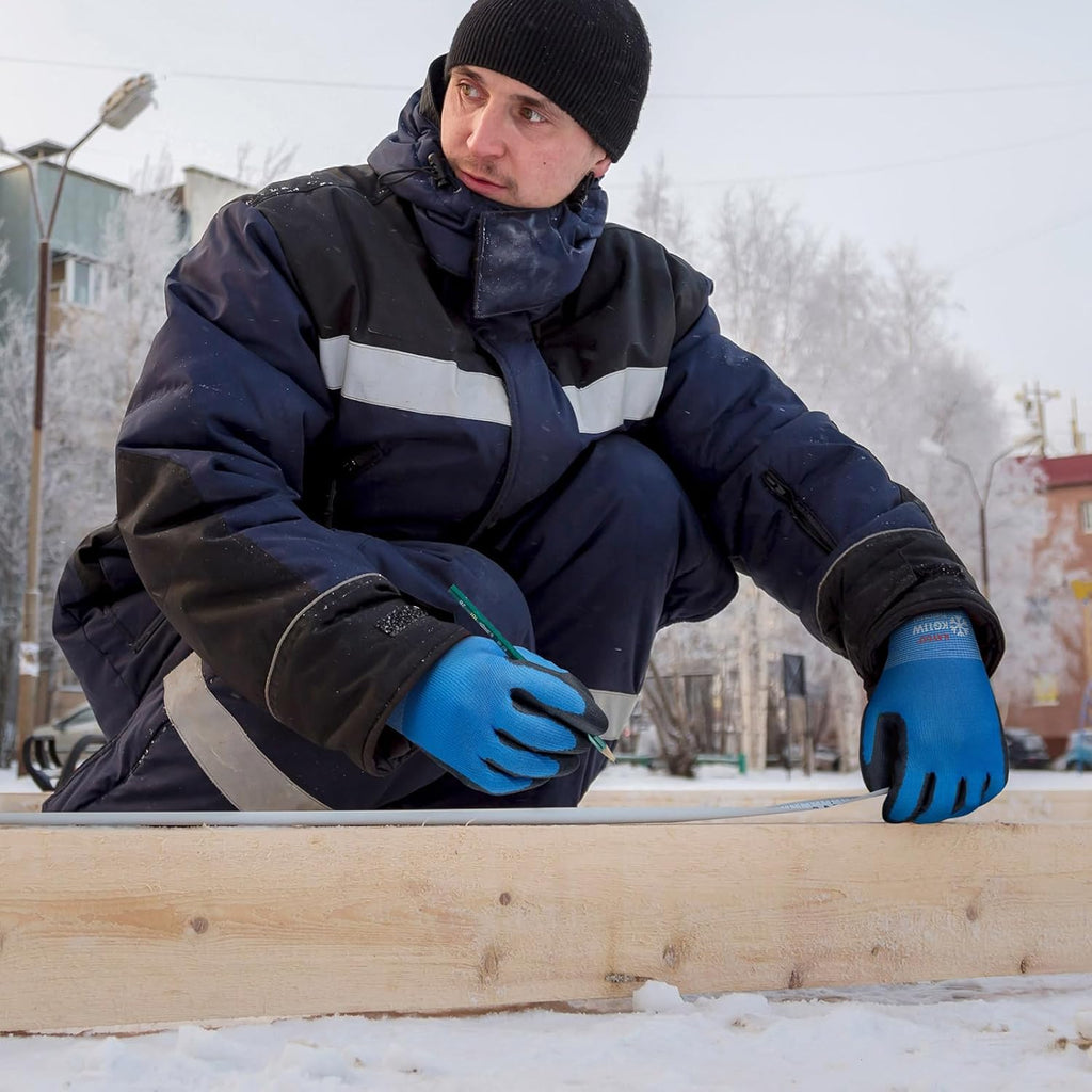 KAYGO Winter Work Gloves for Men and Women, 12 Pairs Thermal Insulated Safety Work Gloves PU Coated, Smooth Grip on Palm & Fingers,Ideal for Freezer Work,Blue,XL