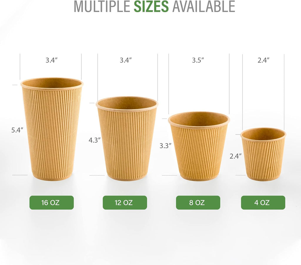Restaurantware 8 Ounce Double Wall Disposable Coffee Cups, 25 Insulated Kraft Paper Tumblers Ripple Wall Design, Lids Available and Sold Separately, for Hot Drinks like Tea, Hot Chocolate