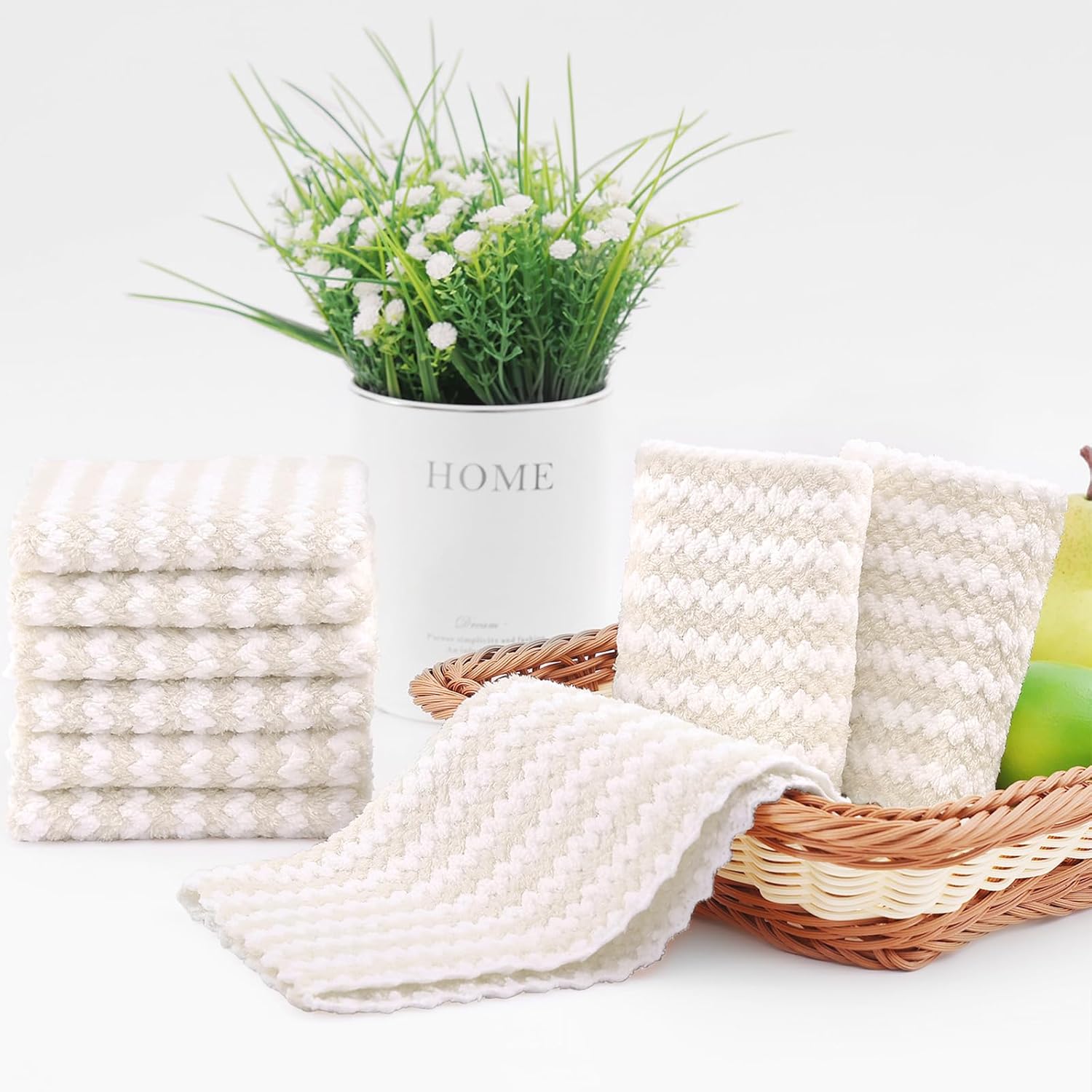 Homaxy 18 Pack Kitchen Dish Cloths, Ultra Soft and Absorbent Dish Towels, Reusable Fast Drying Microfiber Cleaning Cloth, Coral Velvet Wave Design Lint Free,10 x 10 inches, Beige