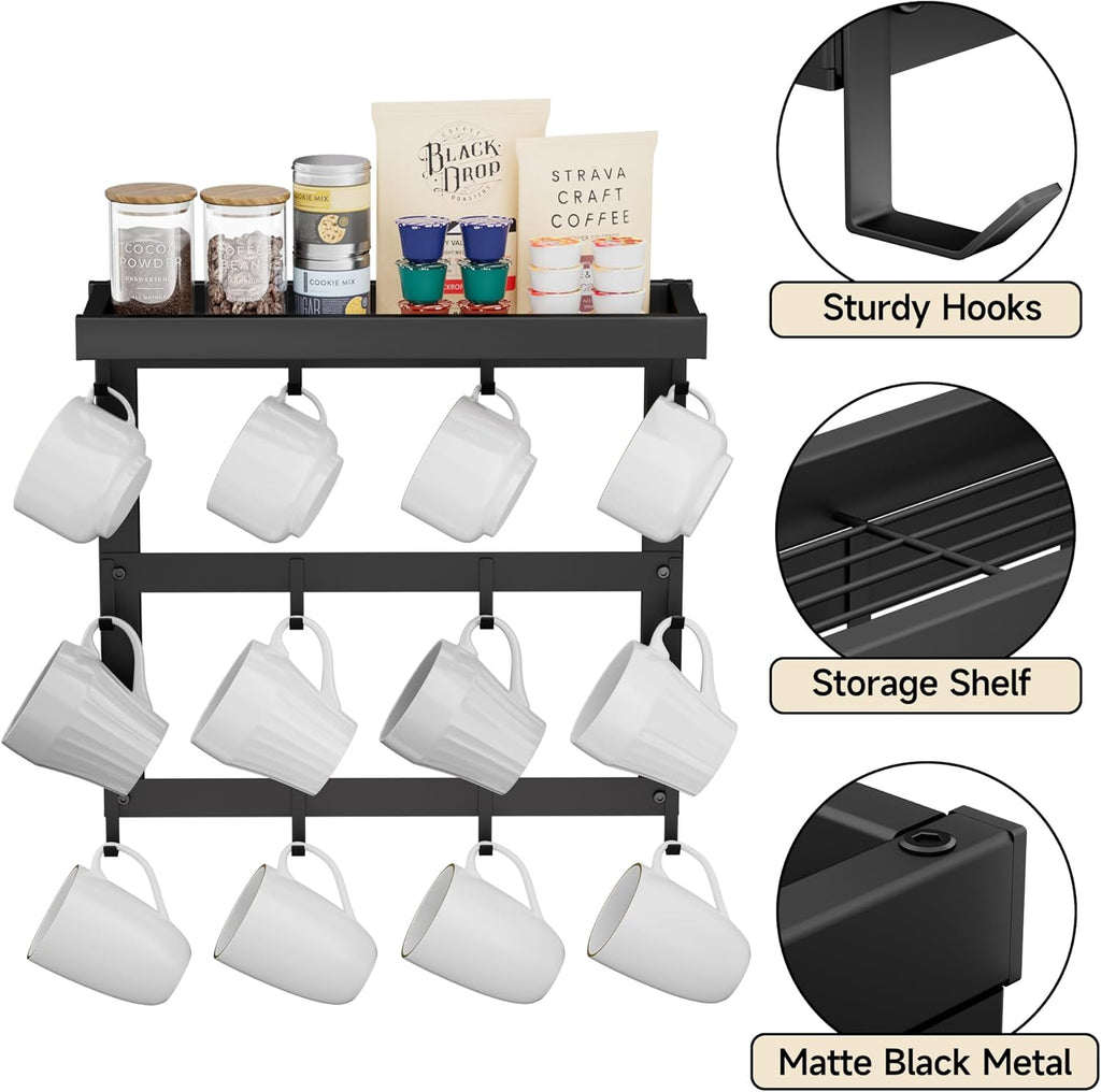 Coffee Mug Rack Wall Mounted, Rustic Metal Mug Holder Organizer with 12 Hooks and Top Shelf Cup Storage Rack for Home Kitchen Coffee Bar Station Mug Display and Collection