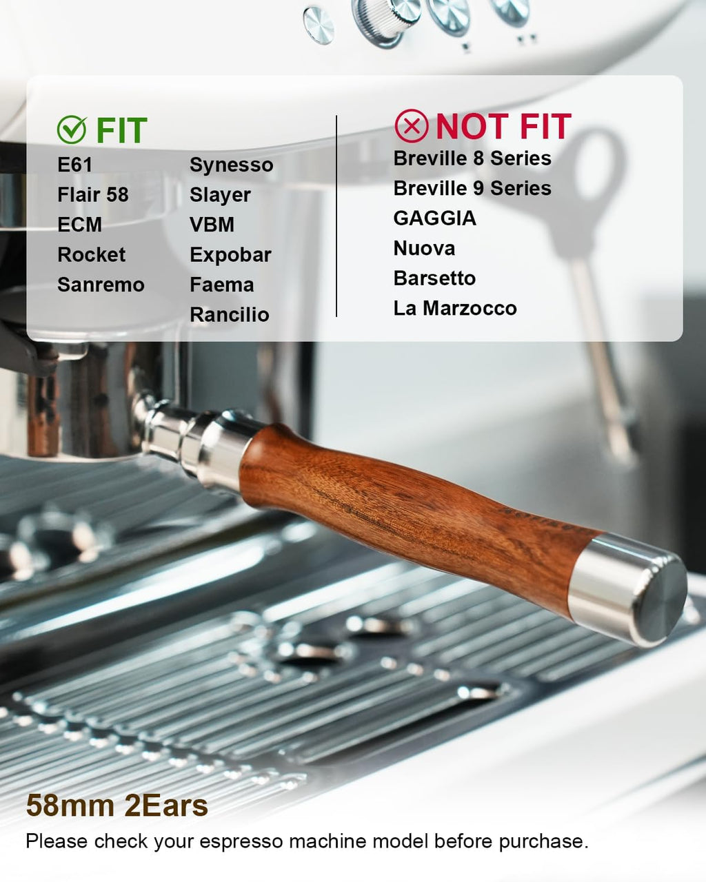 58mm Bottomless Portafilter 2 Ears For E61, Flair 58, ECM, Rocket, Sanremo, Synesso, Slayer, VBM Espresso Machine, Bottomless Naked Portafilter with 18g Filter Basket and Puck Screen - Rosewood