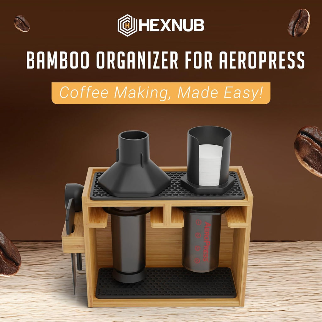 HEXNUB – Bamboo Organizer for AeroPress, Coffee Caddy Station Holds AeroPress Coffee Maker, Accessories, Filters, Cups, Stand includes Dripper Mats (Black)
