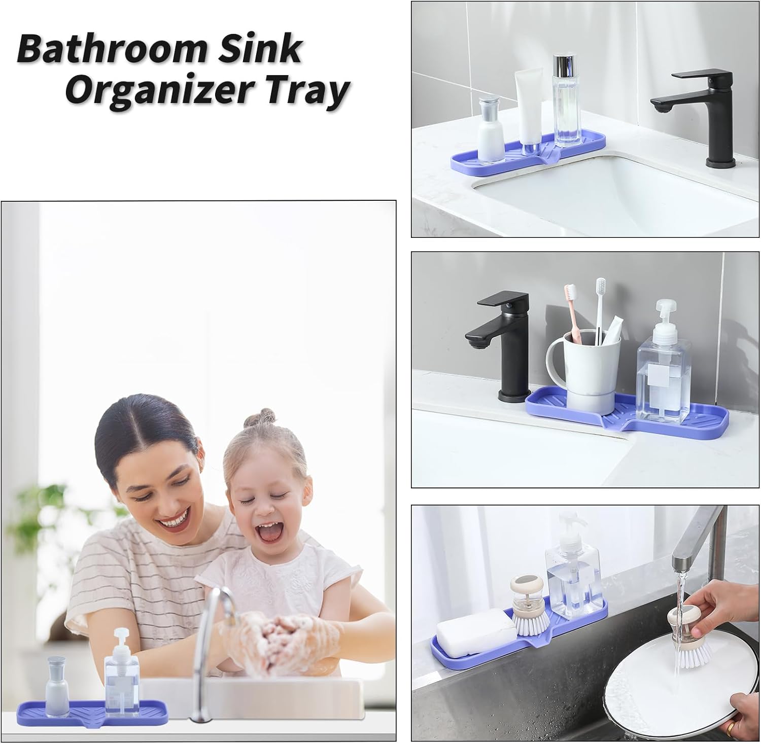 Silicone Bathroom Soap Dishes with Drain Spout-Bathroom and Kitchen Sink Organizer,Sponge Holder,Dish Soap Tray,Perfect for Dispenser,Scrubber,Bottle on Sink or Counter-Light Purple 12"×4"