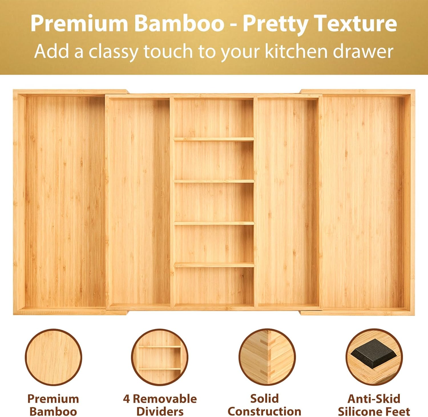 Umilife Extra Large Expandable Kitchen Drawer Organizer for Utensil and Junk, 19" Deep for Big Drawer, 19" to 33" Adjustable Bamboo Wood Drawer Divider, Cutlery Tray, Flatware Holder