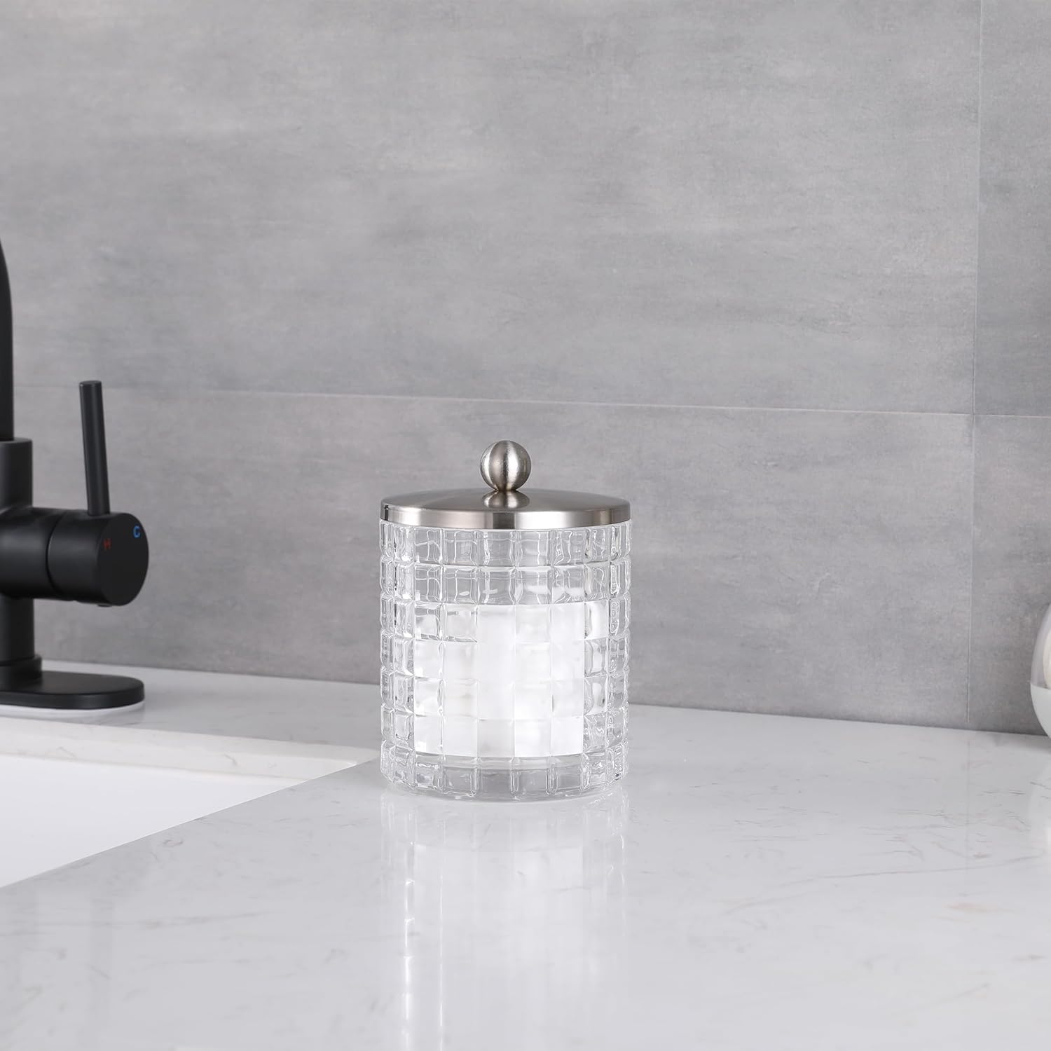 Glass Jar with Metal Lid for Bathroom Organization, Clear Apothecary Jar for Cotton Balls, Q Tips, and Small Accessories, Stylish Bathroom Storage Container Clear, Nickel