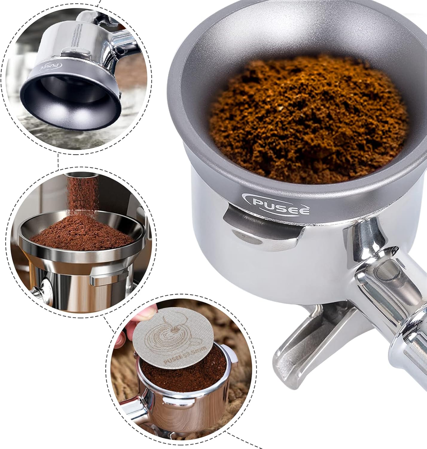 58mm Espresso Dosing Funnel & 58.5mm Puck Screen,PUSEE Coffee Dosing Ring Aluminum Metal,Reusable 1.7mm Thickness 150μm Espresso Puck Screen 316 Stainless Steel Fits 58mm Portafilter