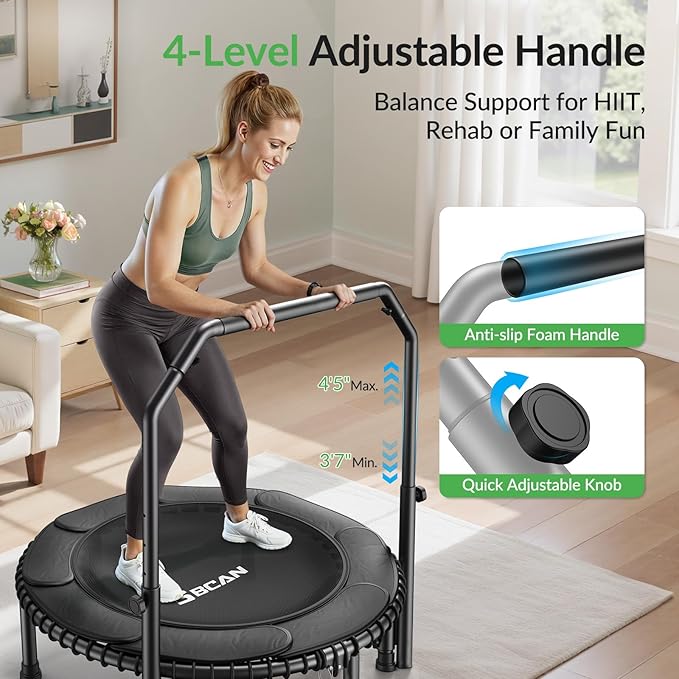 BCAN 40"/48" Rebounder Trampoline for Adult, 450/550LBS Fitness Trampoline with Bungees, Adjustable Handle, Stable & Quiet, Indoor Outdoor, Whole-Body Workout & Relaxation at Home for Women/Men