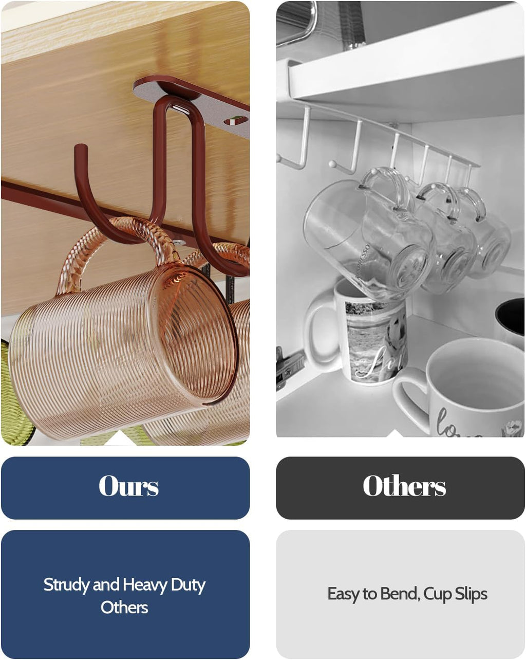 Mug Hooks Under Cabinet 3 Pack, Coffee Cup Hooks for Hanging Under Shelf, Mug Organizer Rack with 12 Hooks for Displaying Mugs, Coffee Cups and Kitchen Utensils, Brown