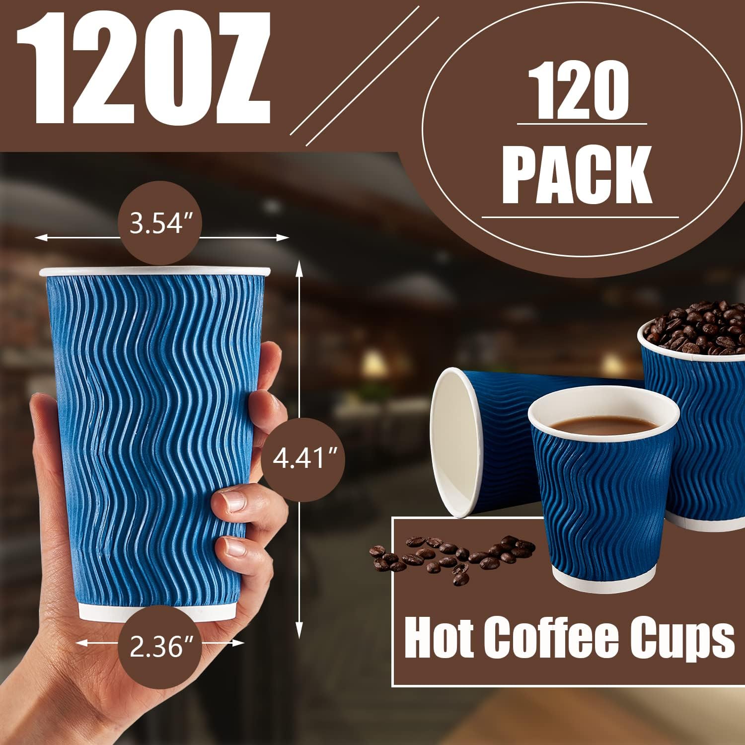 Lamosi Coffee Cups 12 oz - 120 Pack, 12 oz Disposable Paper Coffee Cups Insulated, Corrugated Kraft Ripple Wall Cup for Hot Beverage or Cold Drinks (Navy)