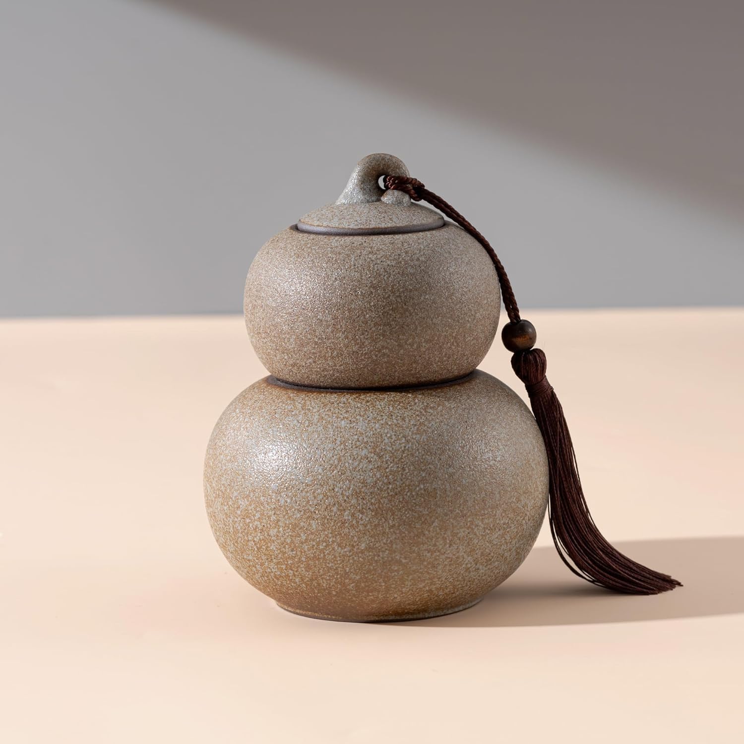 Ceramic Airtight Canister 22 Oz /660ml,Gourd Shap 2 Layers Loose Tea Candy,Food Storage Jar for Coffee,Beans,Herb,Spices,Nuts -Stone White