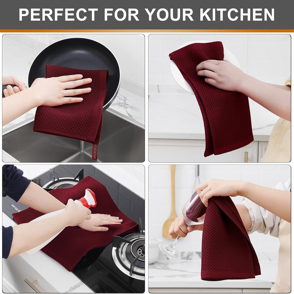 Kitinjoy 100% Cotton Waffle Weave Kitchen Towels, 4-Pack Super Soft and Absorbent Dish Towels for Drying Dishes, Kitchen Hand Towels, 13 in x 28 in, Burgundy