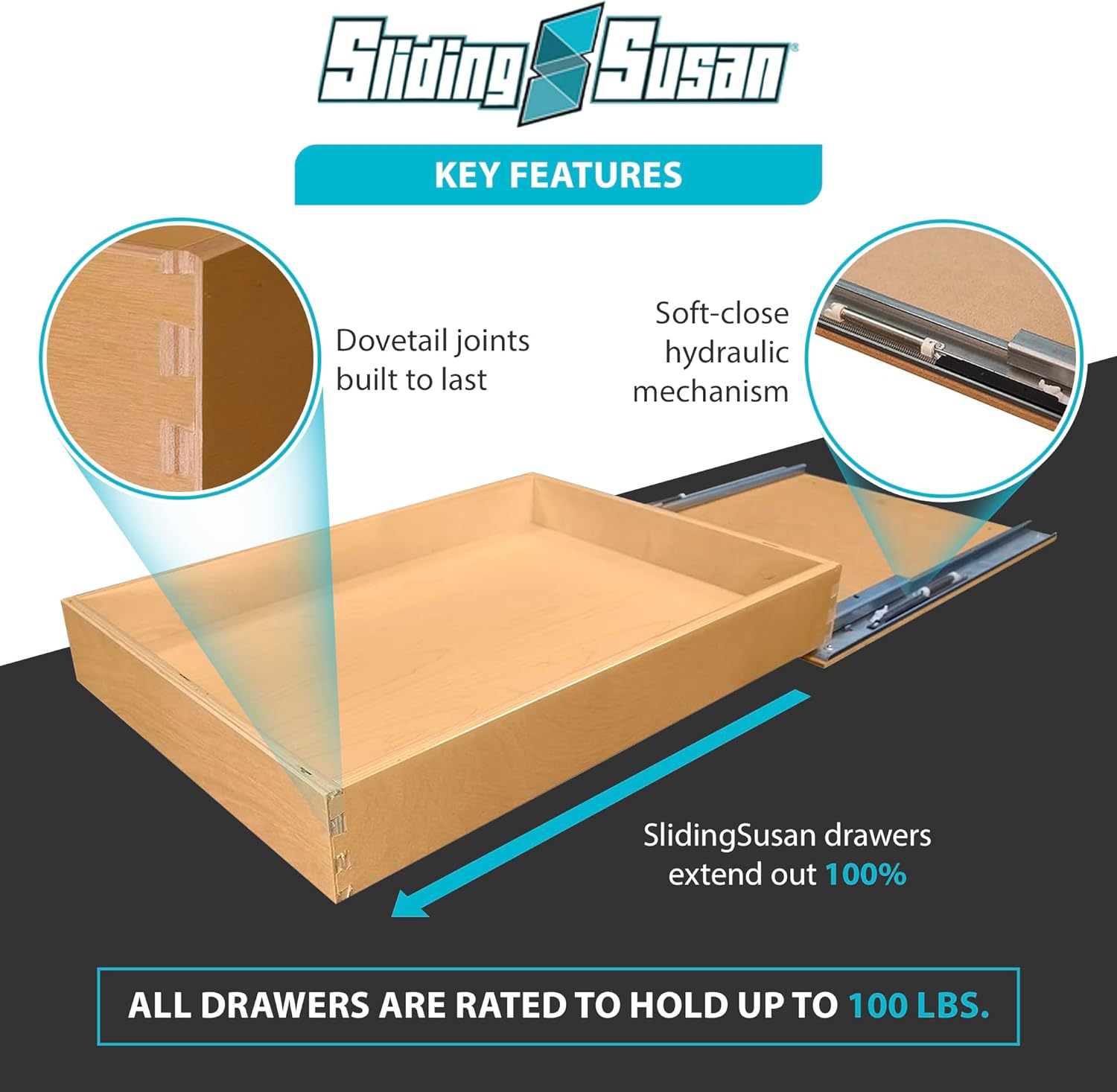 SlidingSusan Pull Out Drawer Organizer for Cabinets, Gliding Soft Close Shelves for Kitchen, Pantry, Bathroom, & Storage Organization, 9 Ply Baltic Birch, 18 Inch Wide x 18 Inch Deep