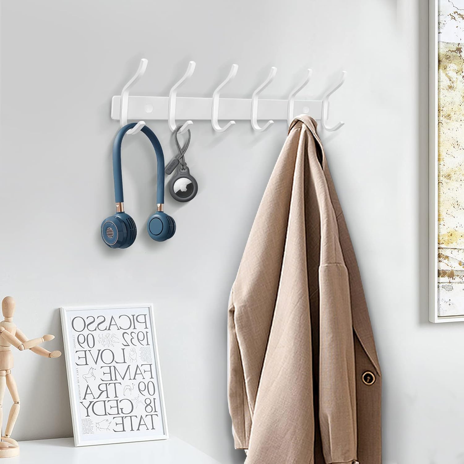 White Wall Hooks Heavy Duty, 12 Inch Coat Hooks Wall Mount with 4 Hooks, Wall Hooks Hangers for Entryway, Bathroom - for Hanging Backpack, Bag, Coat, Purse, Hat, Towel, Clothes