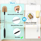 2-in-1 Long Handle Bottle Brush - Water Bottle Cleaning Accessories - Flexible Scrub Brush for Water Bottles,Mugs, Glasswares - with Replacement Brush Heads，Dishwasher Safe Reusable，Brown